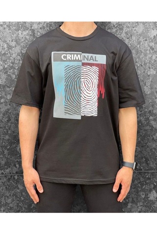 Flood Of Style Erkek Antrasit Crımınal Baskılı Oversize Bisiklet Yaka Tshirt Gri