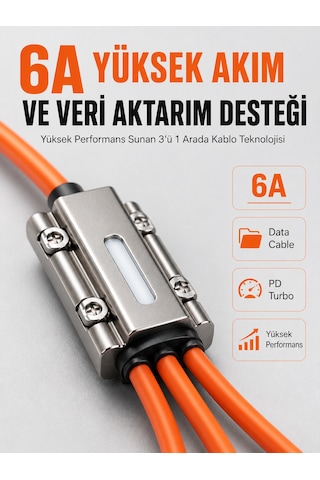 120w Hızlı Şarj Destekli 3'ü 1 Arada Çok Amaçlı Şarj Ve Veri Aktarım Kablosu Standart