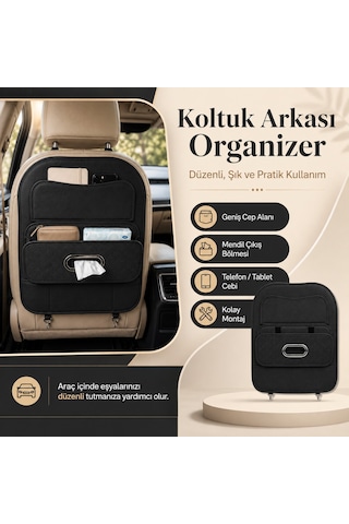 Araç Koltuk Arkası Organizer Deri Görünümlü Çok Gözlü Mendil Çıkışlı Siyah