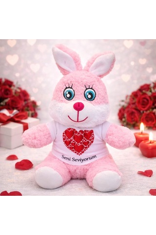 Özel Seri Kalpli Hediye Yıldönümü Sürprizi Hoş Sürpriz Seni Seviyorum Tişörtlü Pembe Peluş Tavşan Çok Renkli