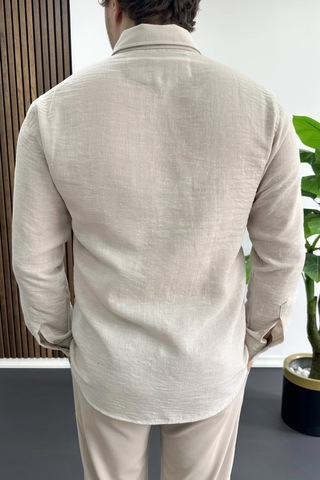 Edwox Erkek Keten Karışımlı Slim Fit Gömlek Bej Edw499