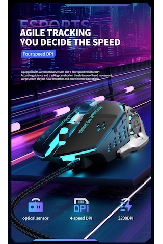 Yüksek Hassasiyetli 3200 Dpı Ayarlanabilir Metalik Kaplamalı Ergonomik Kablolu Mouse Kablosuz