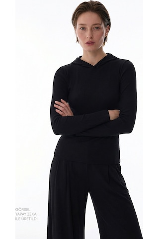 Penti Siyah Hooded Ribbed Modal Sweatshirt