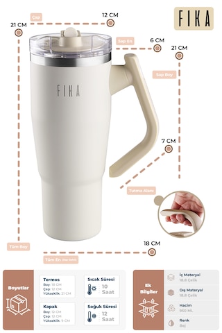 Fika Lumi Patentli Döner Kulplu Sızdırmaz Çift Ağızlıklı Çelik Termos 950 Ml Bej