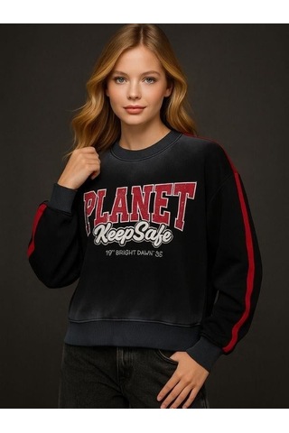 Kız Çocuk Planet Keep Safe Baskılı Oversize Tasarım Sweatshirt-16159 Siyah
