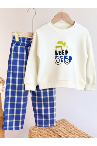 Elzo Collection Erkek Çocuk Ön Arka Beep Beep Baskılı Sweatshirt Kareli Denim Kot Pantolon Alt Üst Takım Çok Renkli