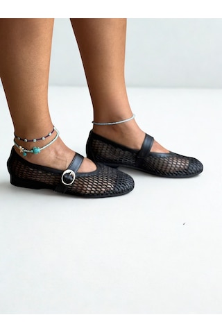 Ne&ve Shoes Siyah File Simli Tokalı Yuvarlak Burunlu Kadın Günlük Rahat Ve Şık Babet