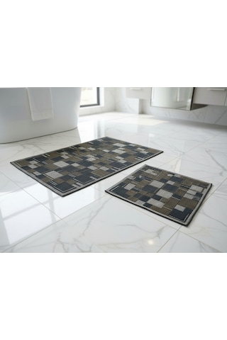 Banyo Paspası 2'li Set Blunity Plaid Haki Çok Renkli