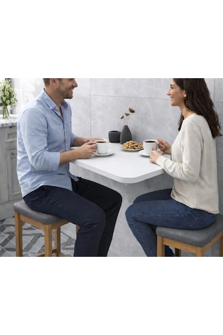 90x50 Cm Beyaz Oval Köşeli Duvara Monte Katlanır Masa Mekanizmalı Açılır Kapanır Duvar Masası