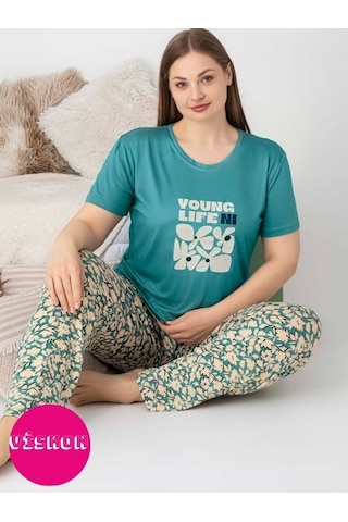 Kadın Bisiklet Yaka Düğmesiz Battal Kesim Viskon Yazlık Kısa Kol Cepli Büyük Beden Pijama Takımı Yeşil