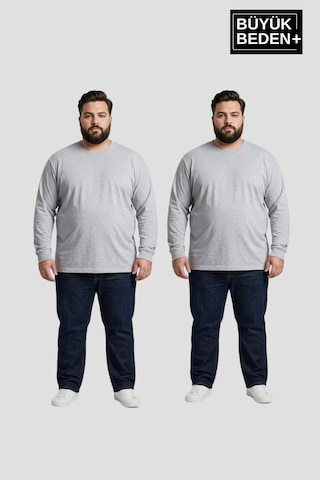 Superlife Erkek Büyük Beden 2'li Set Uzun Kollu 2 İplik Bisiklet Yaka Tişört Spr26bts542+2 Grey Mel-grey Mel
