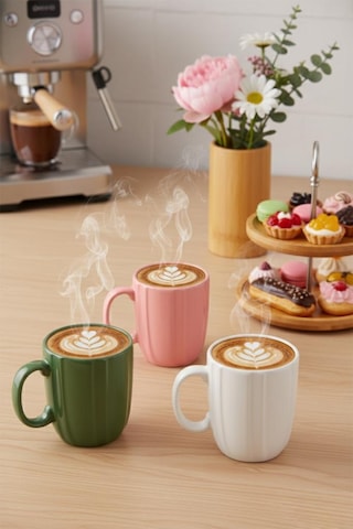 Rüzgar Seramik Kupa 3'lü Set Pembe Yeşil Beyaz Kahve Çay Kupası 300 Ml 10 Cm Renkli