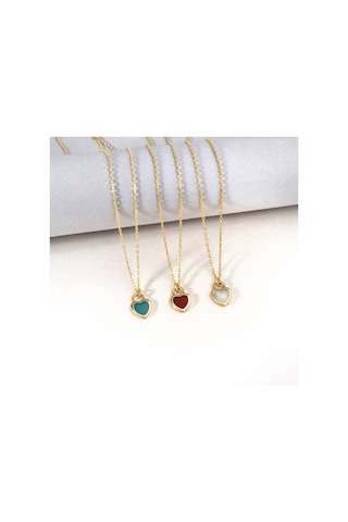 14 Ayar Mikron Altın Kaplama Renkli Mine Kalp Kolye Turkuaz, Kırmızı, Opal -cne00139 Altın