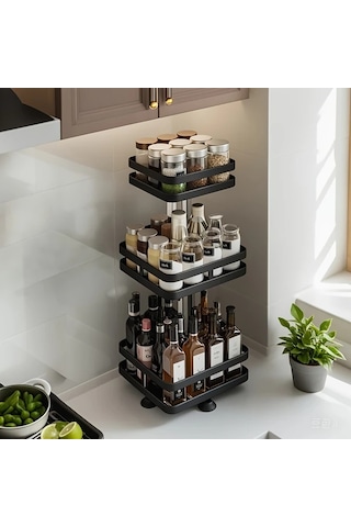Honeybeeshop Kare Çift Katmanlı Mutfak Organizatörü Dönebilen Raflı Paslanmaz Çelik Baharat Sebze Rafı 1100 Koyu Ceviz