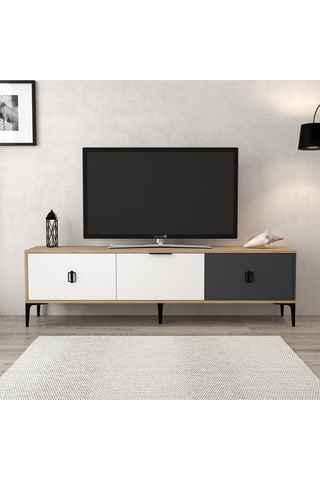 3801 Neva Tv Ünitesi 180 Cm 3 Kapaklı Sepet - Antrasit - Beyaz Tv Sehpası Sepet - Antrasit - Beyaz