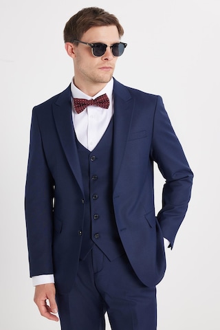 Tudors Erkek Slim Fit Lacivert Esnek Likralı Kumaş Sivri Yaka Yelekli Takım Elbise-33908 Lacivert