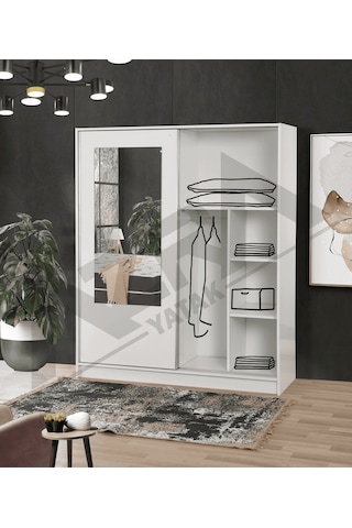 Azra Yatak Yağmur Sürgülü Askılıklı Raflı Beyaz Gardırop - 140 Cm