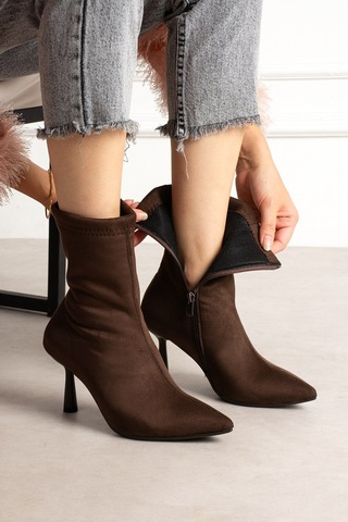 Dabab Shoes Marya Kadın Acı Kahve Streç Lüks Süet Sivri Burun Sıcak Astarlı Fermuarlı 7 Cm İnce Topuklu Bot Bootie Acı Kahverengi