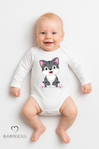 Babyden's Sevimli Hayvan Figürlü %100 Pamuk Uzun Kollu Çıtçıtlı Bebek Body Kedi Beyaz