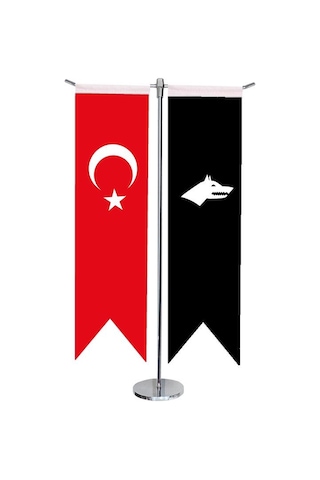 Masa Üstü Kırlangıç Siyah Göktürk + Türk Bayrağı + Krom T Direk M