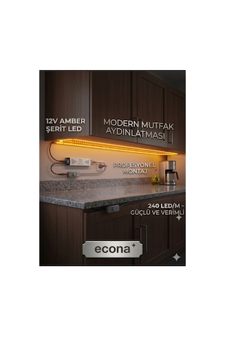 Mutfak Dolabı Tezgah Üstü Için 5 Metre Amber Şerit Led Işık Adaptörlü Anahtarlı Tak Çalıştır Amber