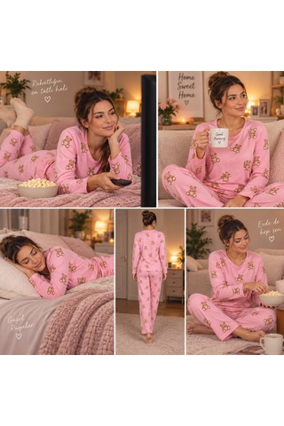 Pijama Denizi Pijama Partisi Kadın Uzun Kollu Pijama Takımı Pdesenli Rahat Ev Giyim Seti, 2 Parça PEMBE