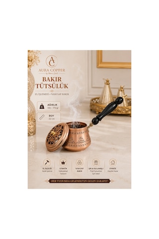 Bakır Tütsülük Ahşap Saplı El İşlemeli Dekoratif Tütsü Kabı 22 Cm - Bakır Bileklik Hediyedir