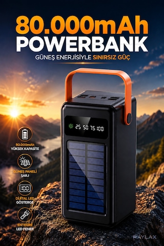Powerbank 80.000 Mah Güneş Enerjili Solar Dijital Göstergeli El Fenerli Taşınabilir Batarya Siyah