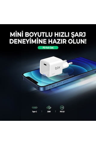 Bix BX1P30G GaN 30W Led Göstergeli Hızlı Şarj Cihazı Beyaz