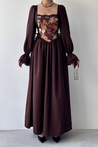 Nils Boutique Vintage Korsajlı Midi Elbise Kahverengi