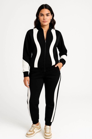 Kadın Premium Parçalı Eşofman Takım - Dik Yaka Fermuarlı Sweatshirt - Siyah Çok Renkli