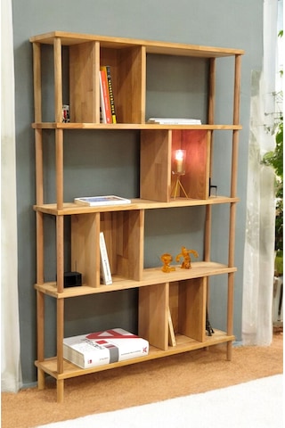 Lüx Naturel Ahşap 5 Raflı Modern Dekoratif Kitaplık Mutfak Rafı Kiler Çok Amaçlı Düzenleyici Raf Ahşap