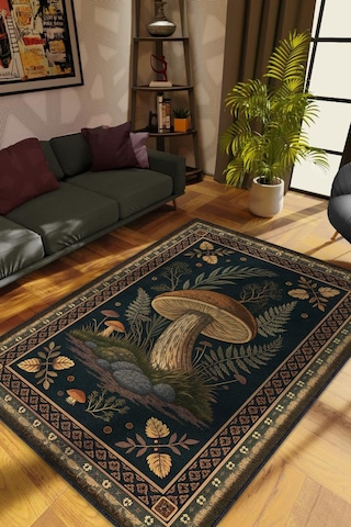 Homshtag Art Deco Mantar Desenli Halı Bitki Temalı Krem Siyah Renk Modern Dijital Baskı Çiçekli Halı Çok Renkli