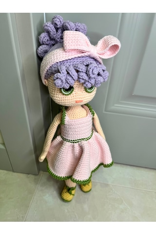 El Yapımı Amigurimi Bukle Lila Saçlı Kız Bebek&hediyelik Oyuncak 38 Cm