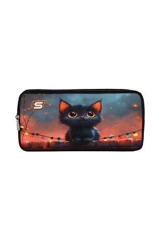 Sevimli Kedi Işıklı Gece Desenli Çift Bölmeli Kalemlik Siyah