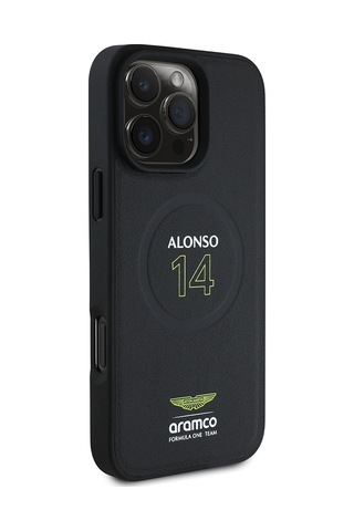 Apple Uyumlu iPhone 16 Pro Max Kılıf Aston Martin Lisanslı Magsafe Pu Deri Alonso 14 Baskılı Kapak Siyah