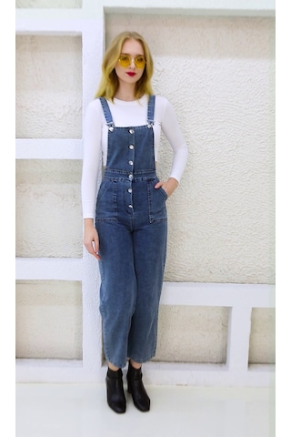 Önden Düğmeli Enzim Kumaş Salopet & Tulum Mavi