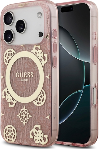 Apple Uyumlu iPhone 17 Pro Kılıf Guess Lisanslı M-safeli Iml Peony Ve 4g Desenli Klasik Logolu Kapak Pembe Pembe