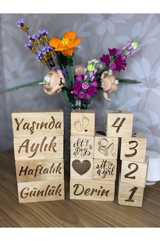 İsimli Bebek Anne Anı Küpü Dekor 5'li Set İsimli Ahşap Bebek Anı Küpleri Lazer İle Yazım