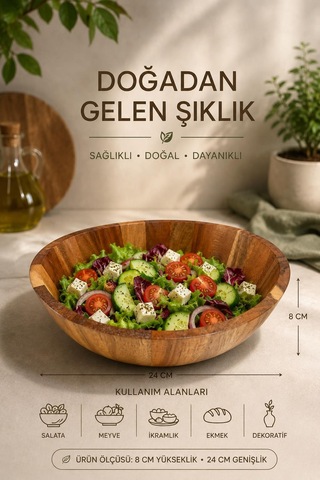 24 Cm Akasya Ahşap Salata Kasesi Modern Ekmeklik , Şık Ve Doğal Sunum Kasesi