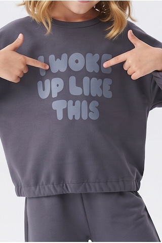 Alkın Kids 3-8 Yaş Kız Çocuk %100 Pamuk Süprem Penye Kumaş Baskılı Sweatın Eteği Lastiikli Uzun Kolu Bol Paçalı Pijama Takımı Gri