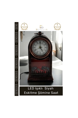 Saat Vintage Dekoratif Alev Efektli Masa Saati Fener Led Işıklı Siyah Eskitme Şömine Saat Çok Renkli