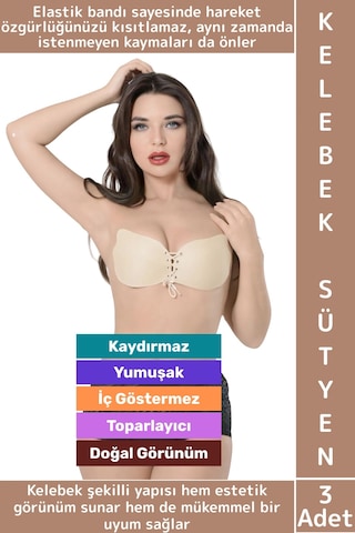 Wintoup Gündelik İz İç Göstermez Elastik Kaydırmaz Toparlayıcı Doğal Görünüm Yapışkan Kelebek Sütyen 3 Adet Ten