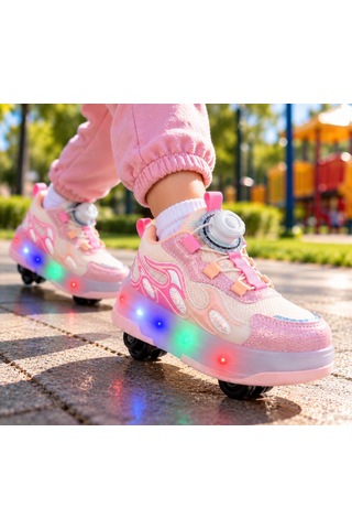 Papucumun Dünyası Kız Çocuk Işıklı Patenli Mekanizma Bağcıklı Sneaker Pembe