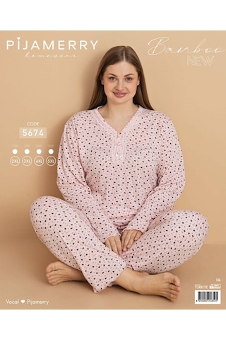 Pijamerry Kadın Büyük Beden Dantel Yaka Bambu Uzun Kol İnce Pijama Takımı 5674 - 1 Adet Pudra