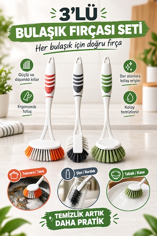 3'lü Pratik Fırça Seti - Banyo, Lavabo Ve Bulaşık Fırça Seti - Bulaşığa Ayrı Banyoya Ayrı Fırça