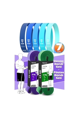 7li Mega Set 35+45 Kg + 5li Pilates Direnç Bandı Barfiks Lastiği Loop Band Mavi Ton Çok Renkli