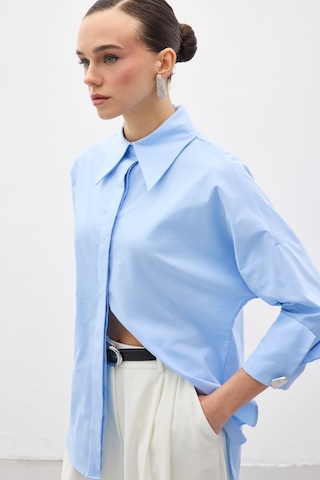 Sateen Düğme Detaylı Gömlek - Mavi-137152 Mavi