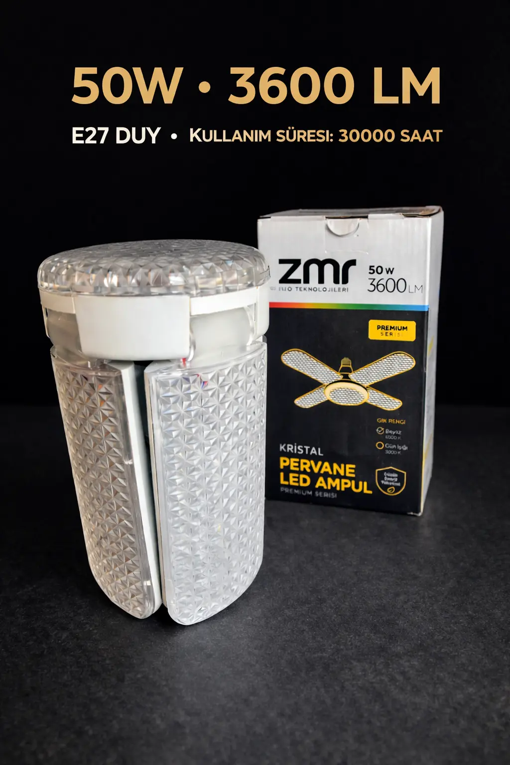 50 Watt Kristal Pervane Led Ampul Yüksek Işık 3600 Lümen Beyaz Işık