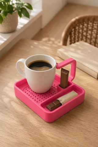 Kahve Sunum Tepsisi Çok Bölmeli Masa Üstü Organizer Kupa Fincan Standı Pla 12.5x11x7 Cm Pembe